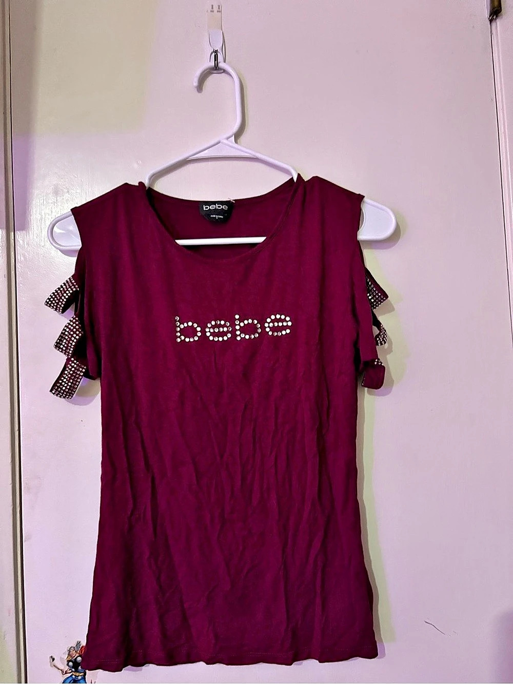 bebe Embellished Short Sleeve Top in Purple Size Small